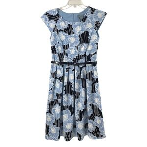 Rabbit Rabbit Designs Dress Womens 6 Floral Fit Flare Belted Blue Career Church